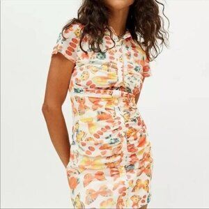 Urban Outfitters Riko Insect Ruched Nylon Mesh Dress Size MED Orange Colors